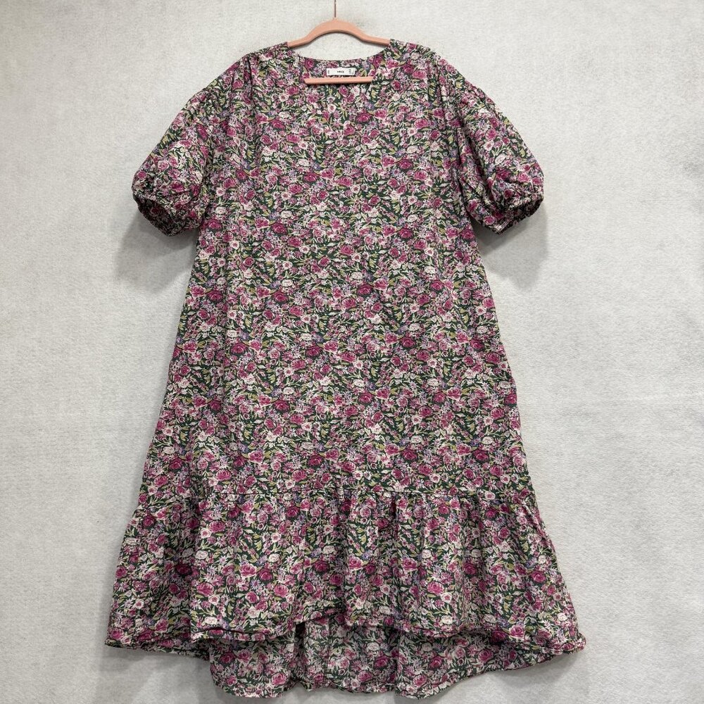 MNG Dress Womens 6 Multicolor Floral Puff Sleeve Trapeze Swing Hi Low Boho Midi